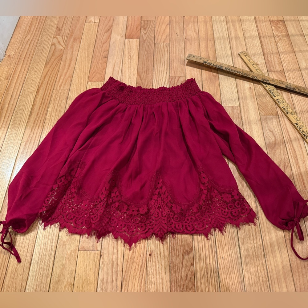 Abercrombie & Fitch Burgundy Lace Hem Off Shoulder Blouse